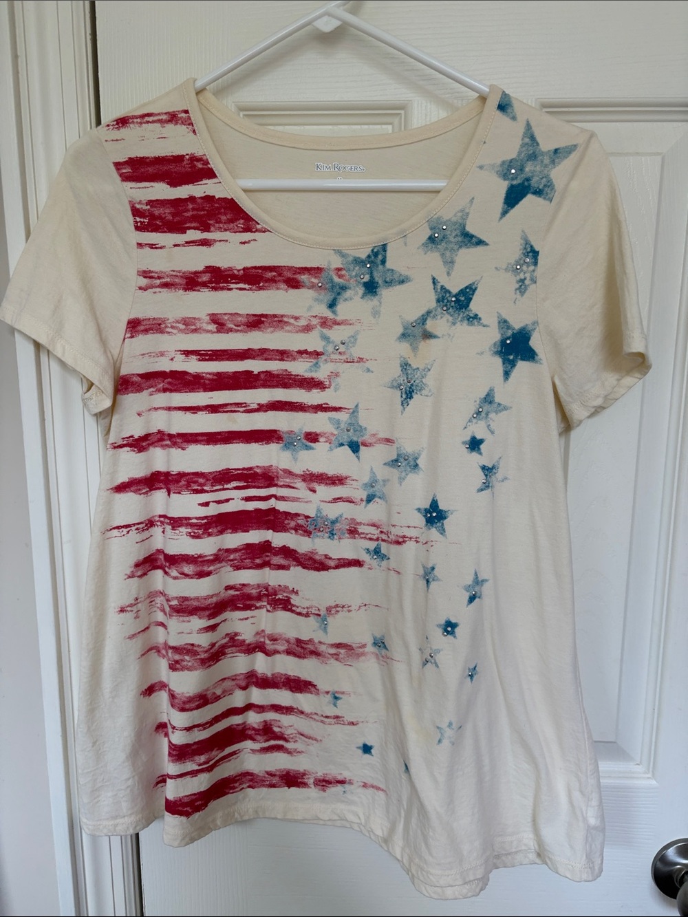 Kim Rogers Cream Tee with Red Stripe & Blue Star Graphic